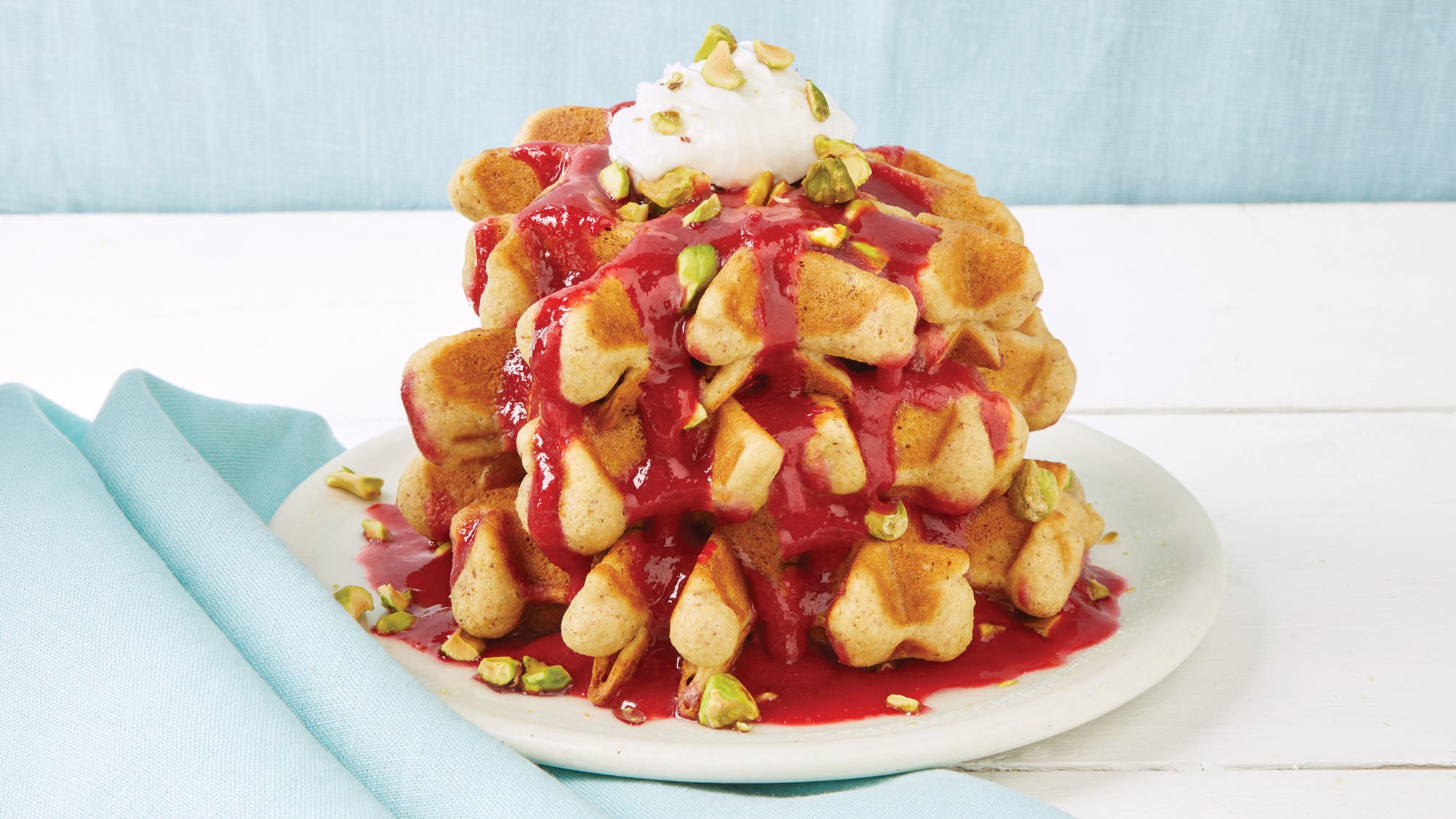Pistachio Almond Waffles with Cherry Vanilla Sauce recipe