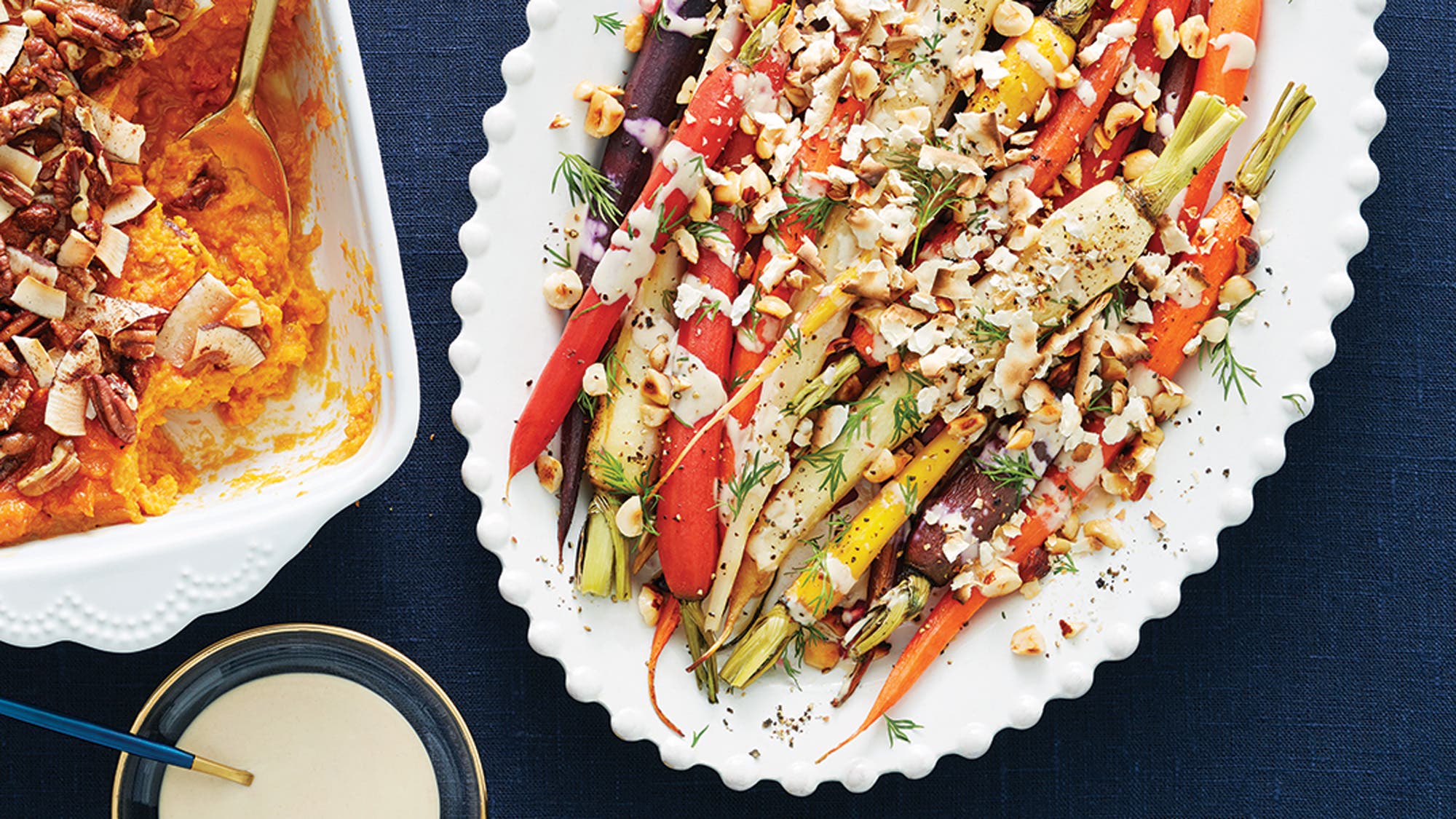 Tahini-Smothered Roasted Rainbow Carrots with Matzo Topping recipe