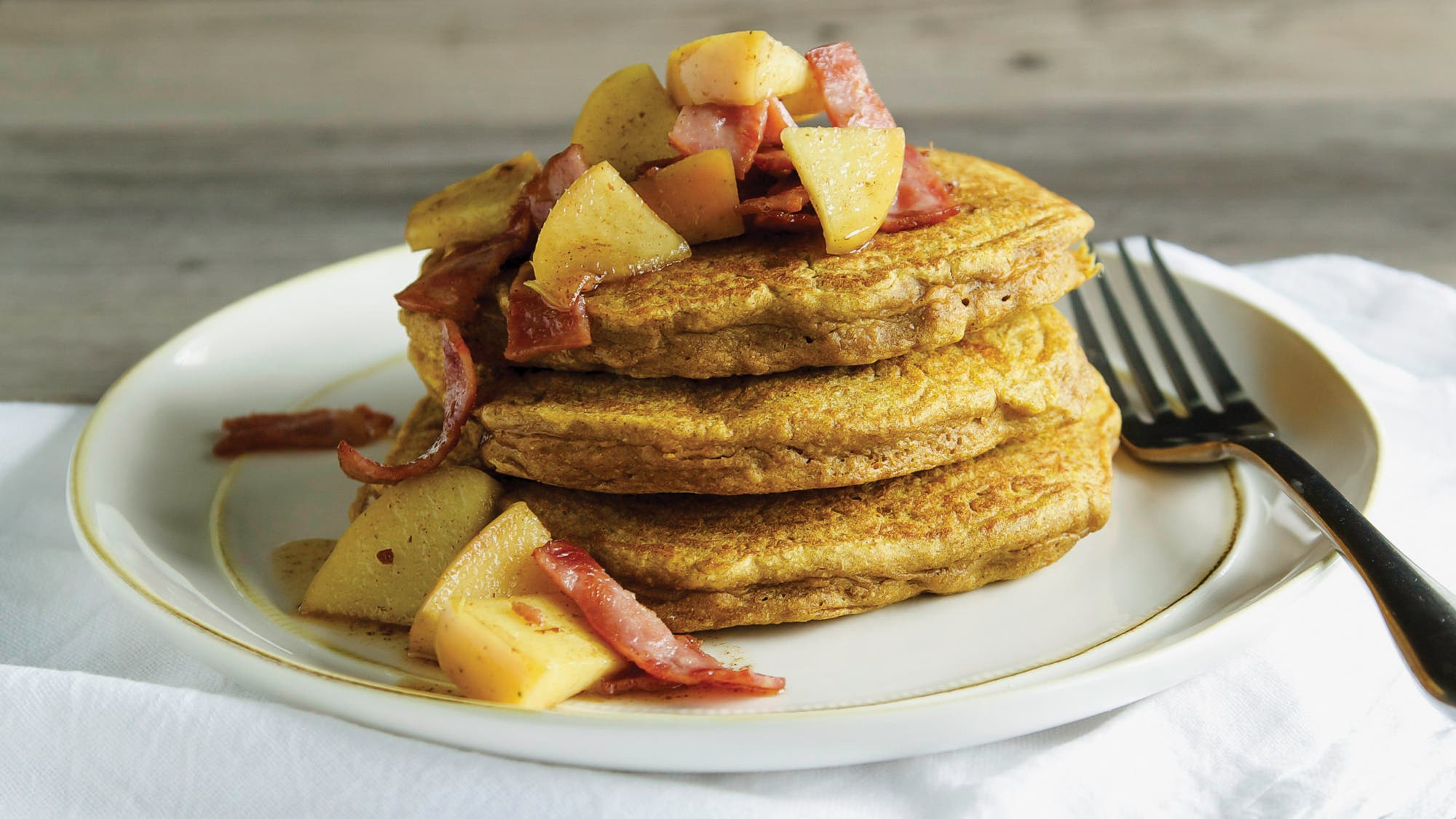Harvest Pumpkin Pancakes with Bacon Apple Toppings Sweet and savory pancake recipe