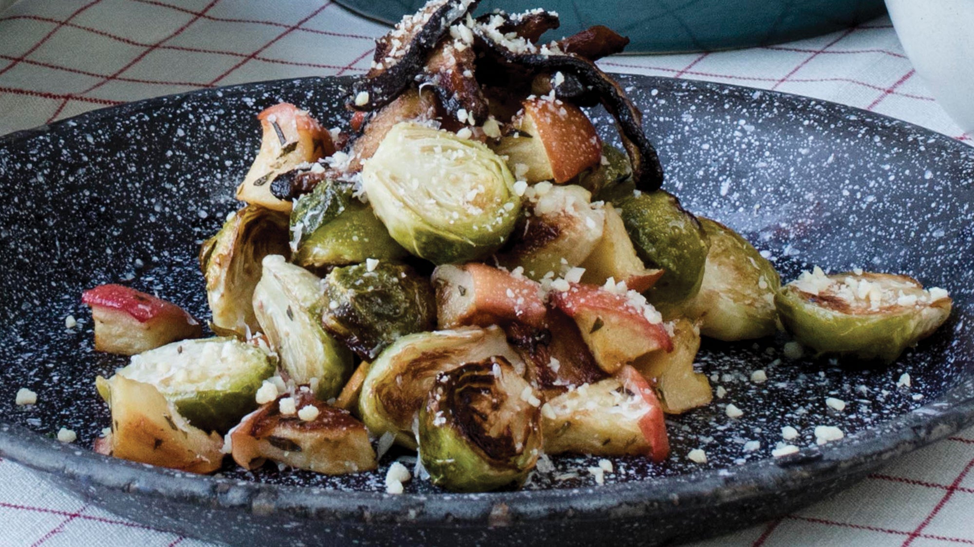 Roasted Apples & Brussels Sprouts with Shiitake Bacon