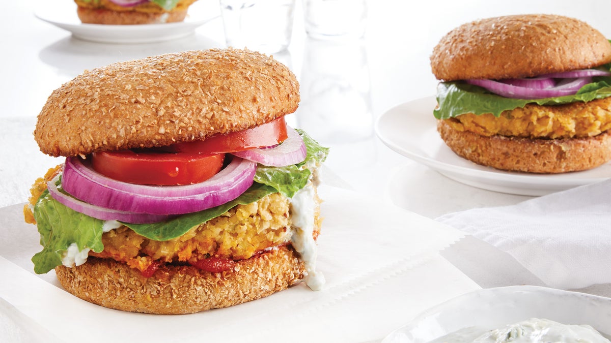 Buffalo Chickpea Burgers with Blue Cheese Yogurt Sauce