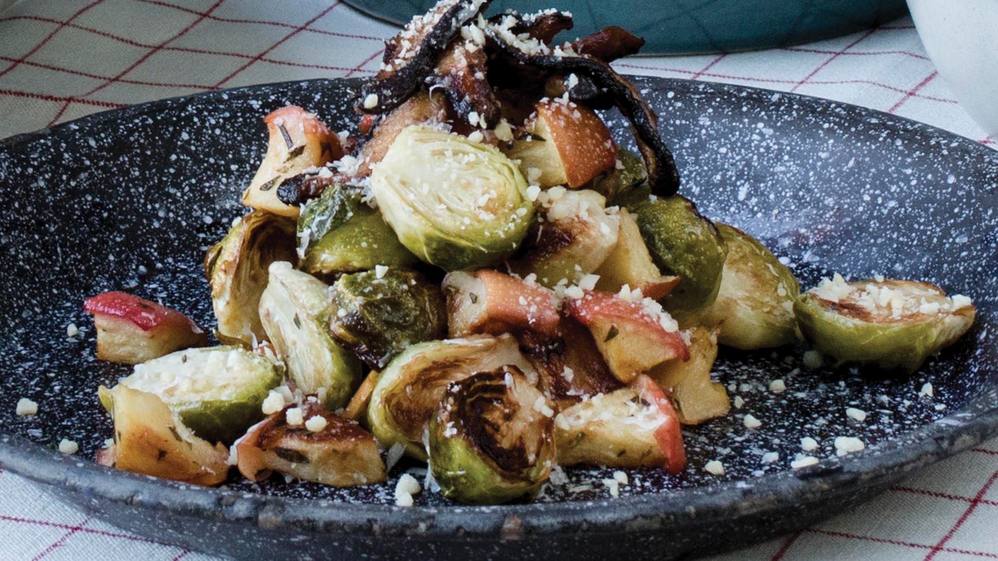 Roasted Apples & Brussels Sprouts with Shiitake Bacon