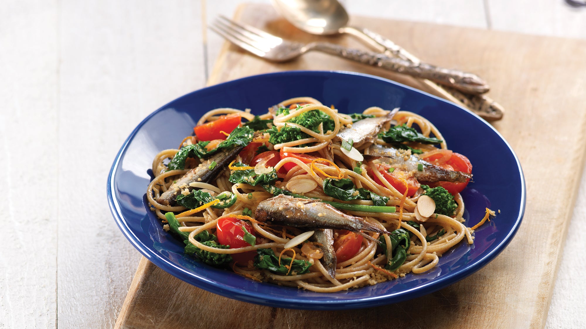 Sardine and Cherry Tomato Spaghetti with Orange Breadcrumbs recipe