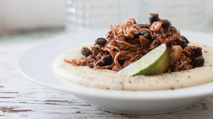 Southern-Spicy-Pulled-Chicken-on-a-Bed-of-Polenta slow cooker spicy pulled chicken recipe