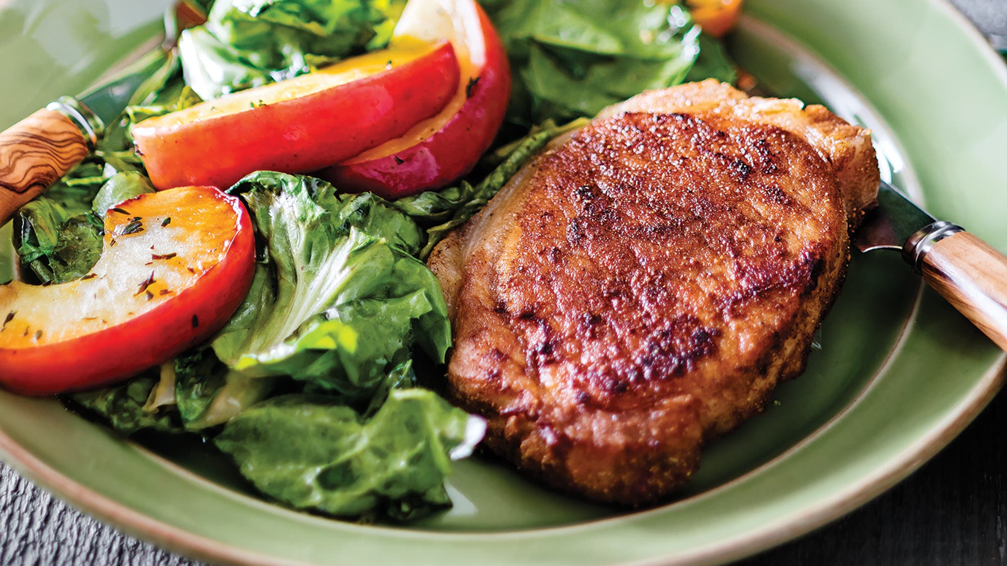 Spice-Rubbed Pork Chops with Escarole and Apple Sauté Spiced pork chops recipe