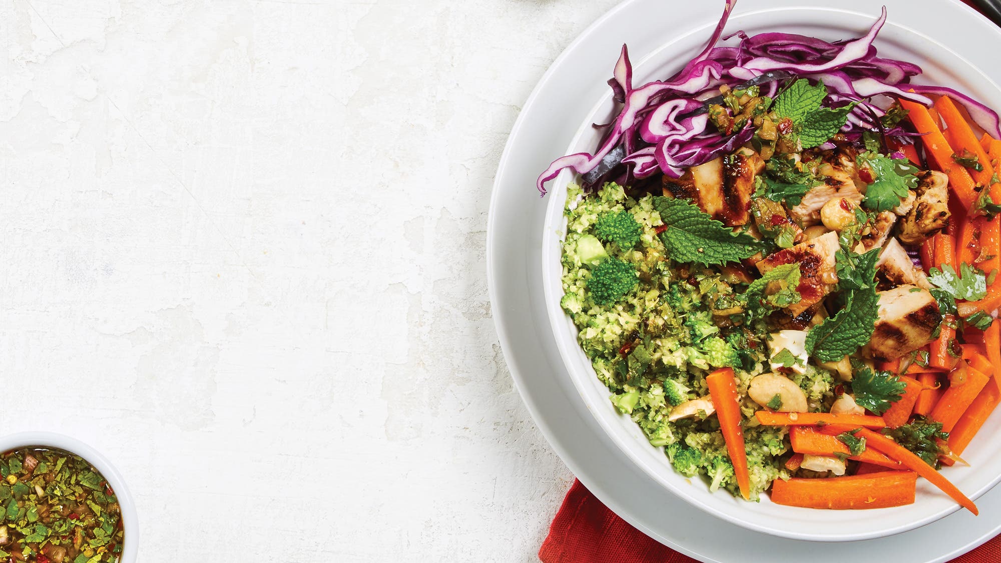 Riced-Broccoli Buddha Bowl with Herbed Chicken recipe