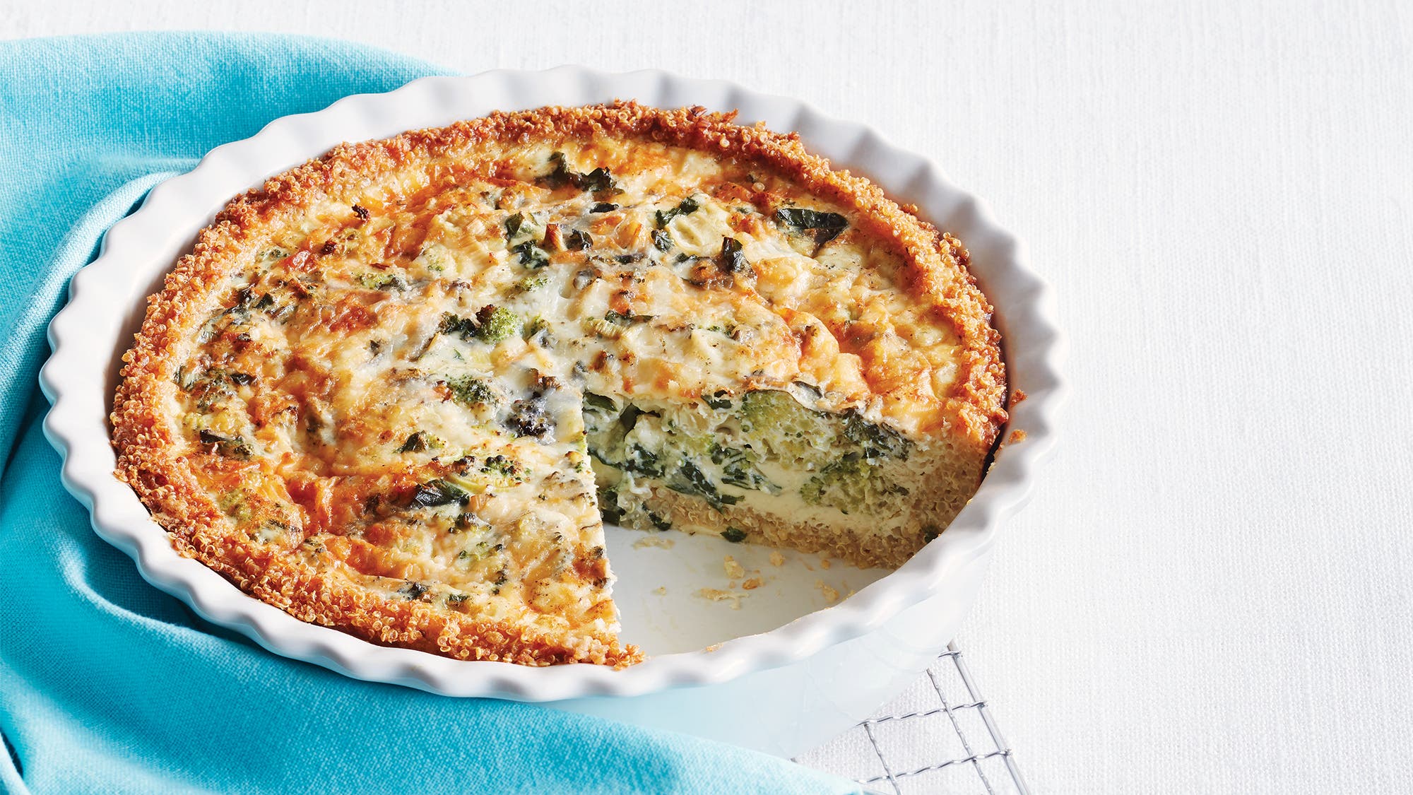 Broccoli, Kale & Cheddar Quiche  with Savory Quinoa Crust