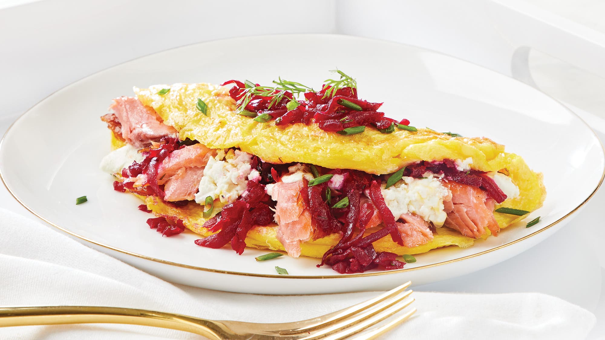 Smoked Salmon Omelette with Goat Cheese and Beet Relish recipe