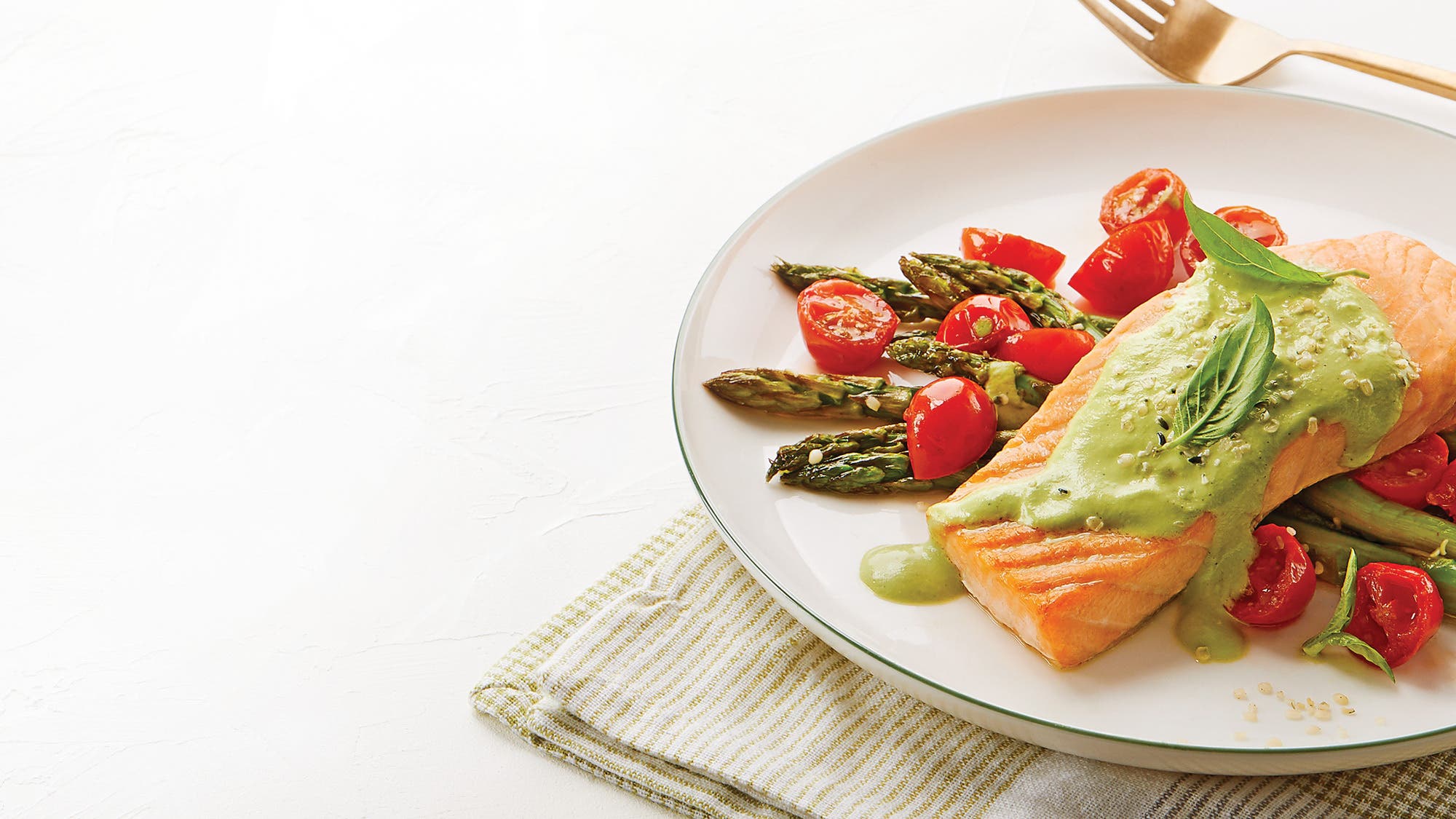 Basil Cashew Salmon with Asparagus Tomato Sauté recipe