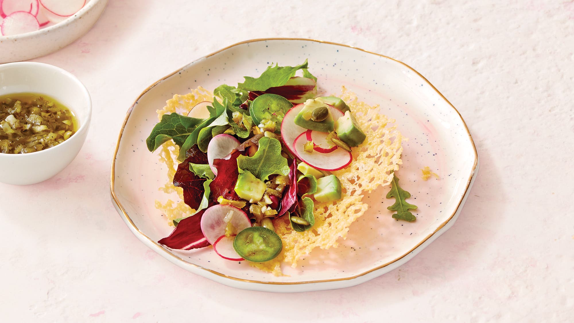 Cheddar “Tostadas” with Greens & Lime Jalapeño Vinaigrette recipe