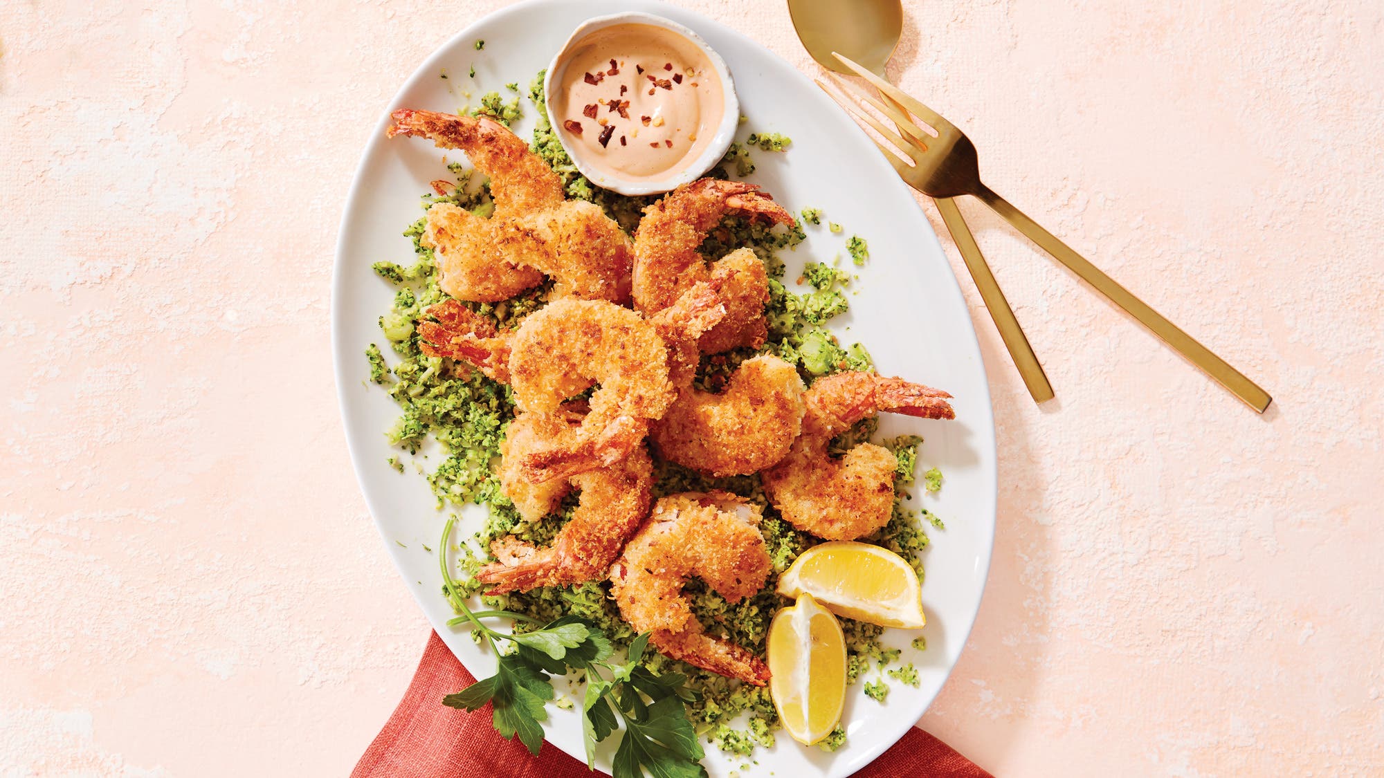 Coconut Shrimp with Sriracha Mayo and Coconut Curry Broccoli Rice recipes