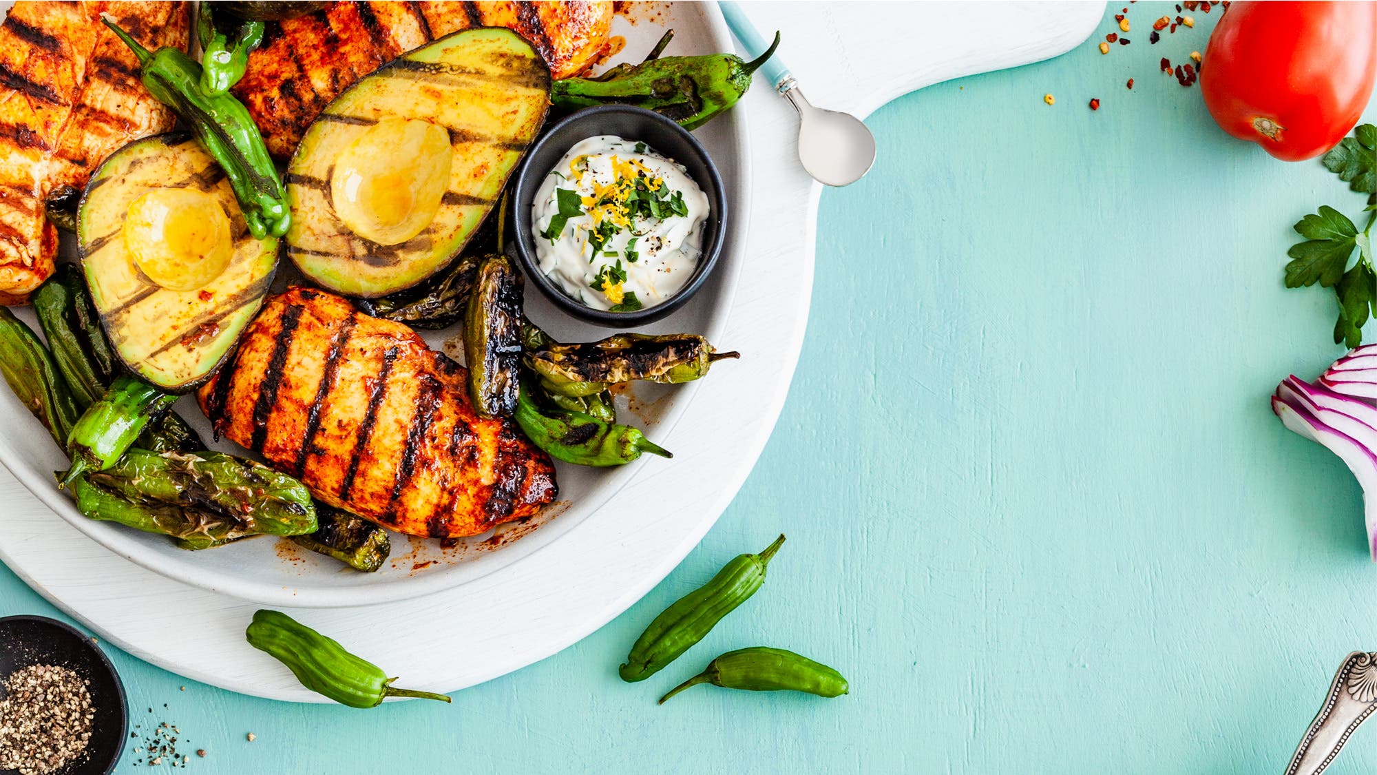 Grilled-Lemon-Chicken-&-Avocado-with-Shishito-Peppers-&-Lemon-Crema_86-web Grilled Lemon Chicken & Avocado with Shishito Peppers & Lemon Crema recipe