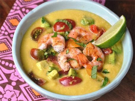 Low Calorie Meal: Chilled Corn Soup with Shrimp, Avocado and Tomato Relish