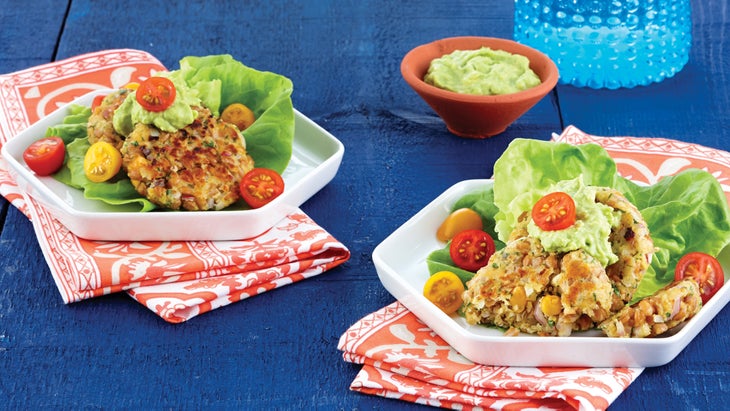 Farro and Chickpea Cakes with Avocado Alioli and Cherry Tomatoes Chickpea patty recipe