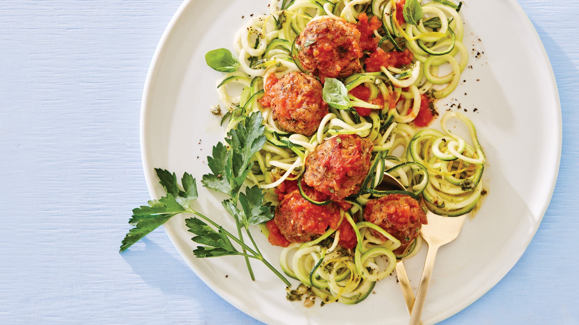 Herbed-Chicken-Meatball-Marinara-with-Zoodles-&-Pesto_78-WEB Herbed Chicken Meatball Marinara with Zoodles & Pesto recipe