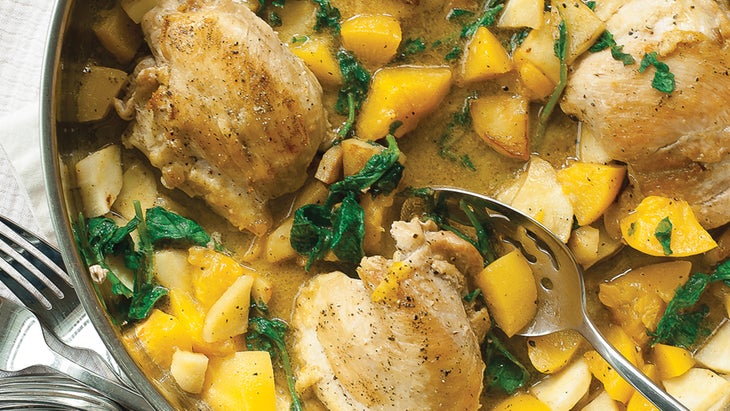 Peach-Glazed Chicken Thighs with Mustard Greens 62web Peach-Glazed Chicken Thighs with Mustard Greens Recipe