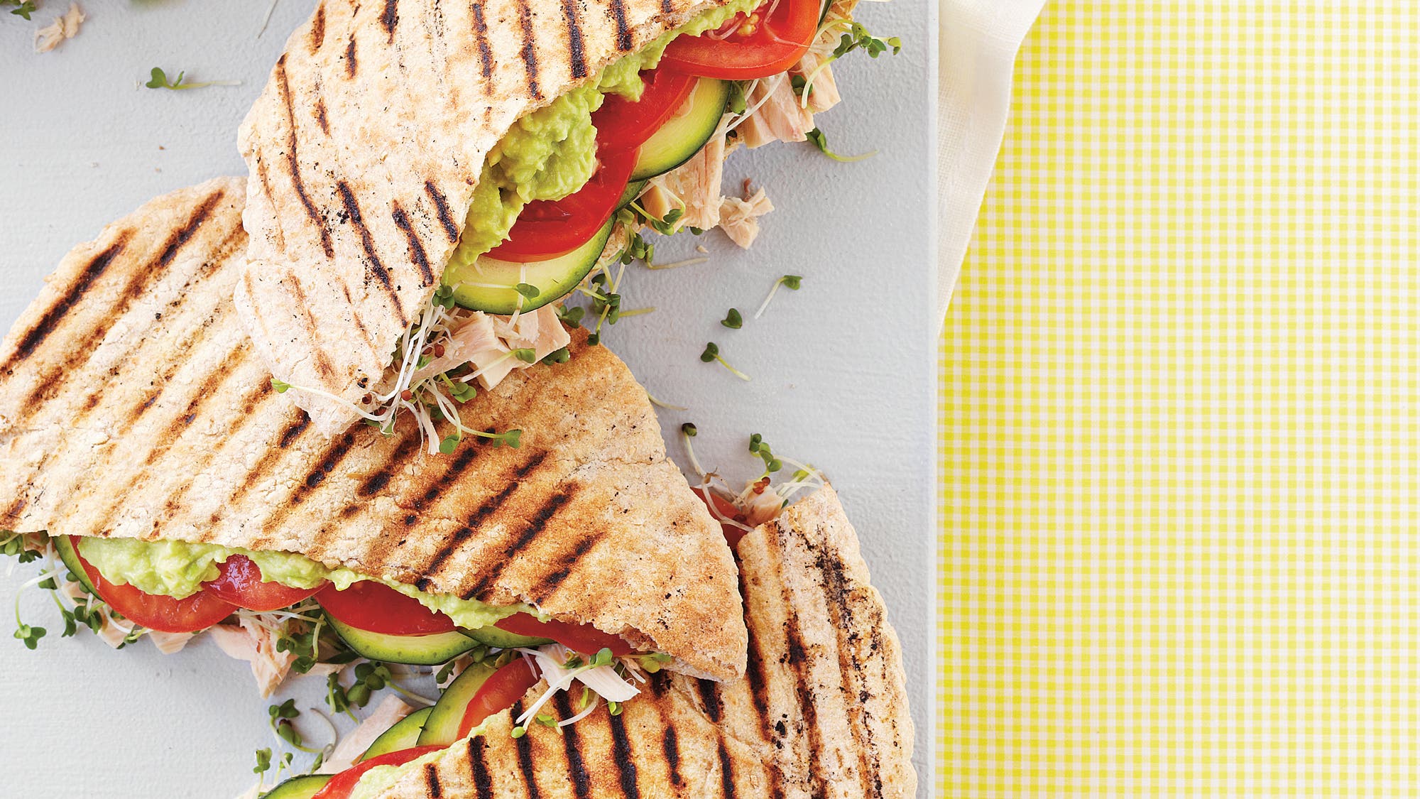 Pita Paninis with Tuna, Sprouts, Zucchini and Avocado Cream Pita Paninis with Tuna, Sprouts, Zucchini and Avocado Cream