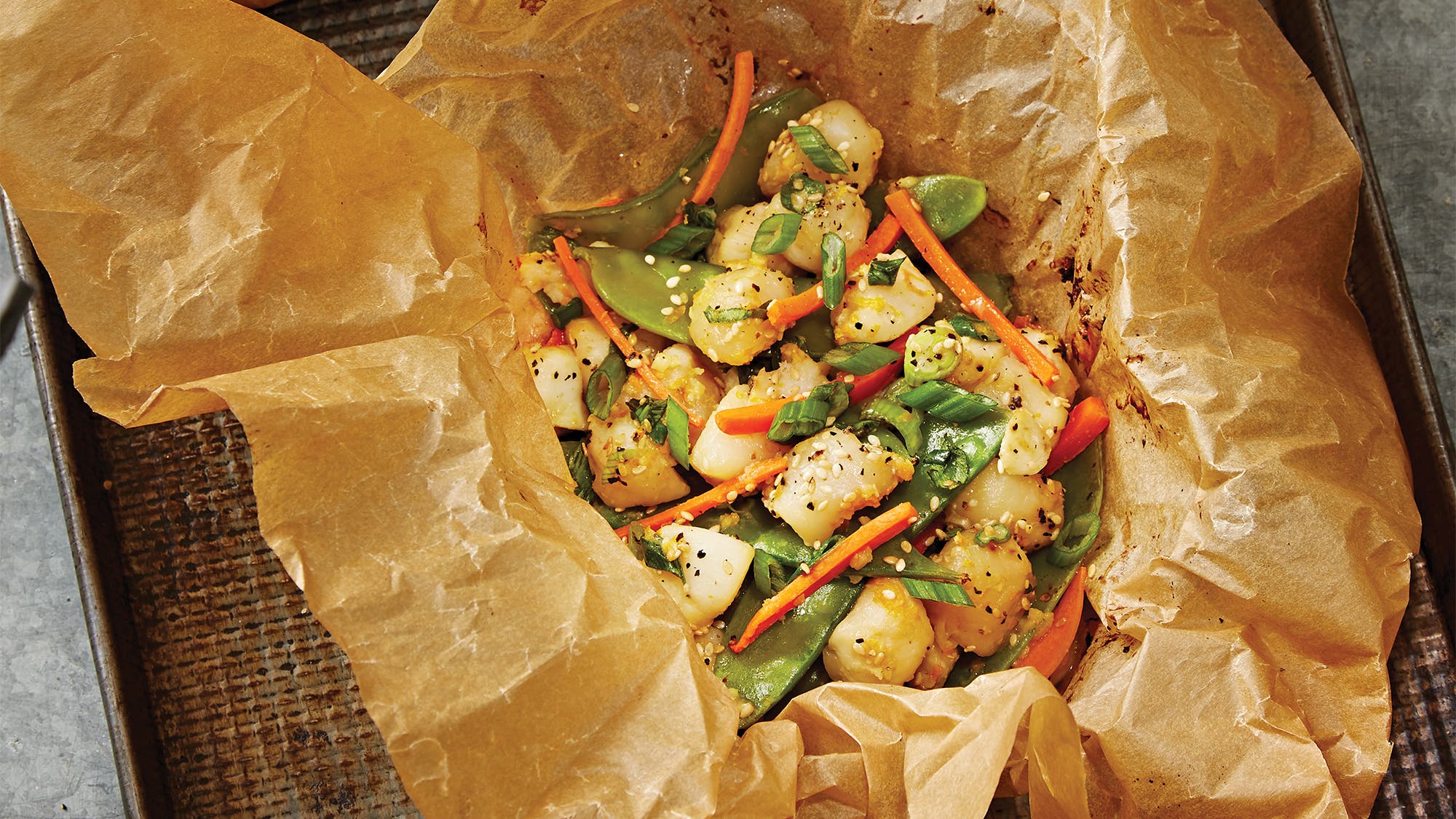 Scallop and Snow Pea Purses WITH ORANGE MISO SAUCE Miso scallop and snow pea en papillote recipe