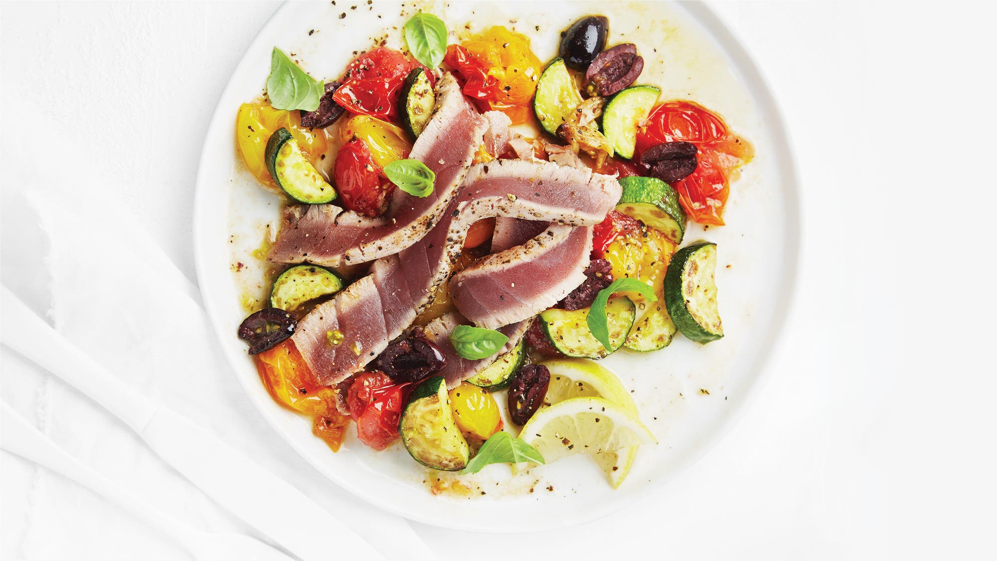 Seared Tuna with Roasted Tomatoes & Olives recipe