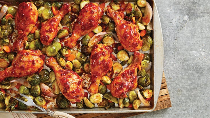 Barbecue Chicken Drumsticks WITH ROASTED BRUSSELS SPROUTS & CARROTS barbecue chicken roasted vegetable recipe