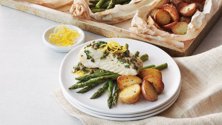 Caper Butter Halibut with Roasted Asparagus & Baby Potatoes 69 web healthy clean fish recipe halibut