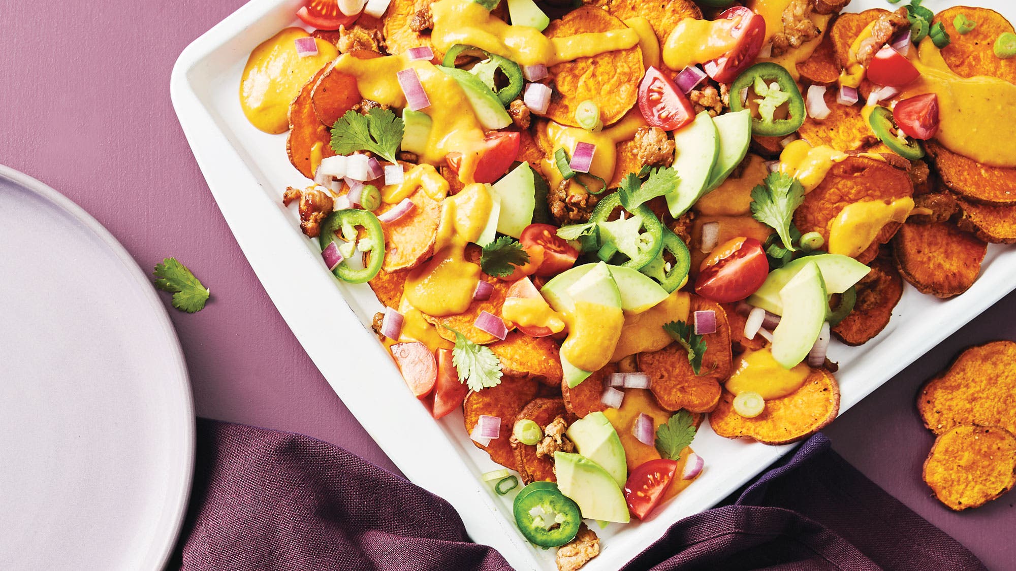 Sweet Potato Nachos with Veggie Packed Queso recipe