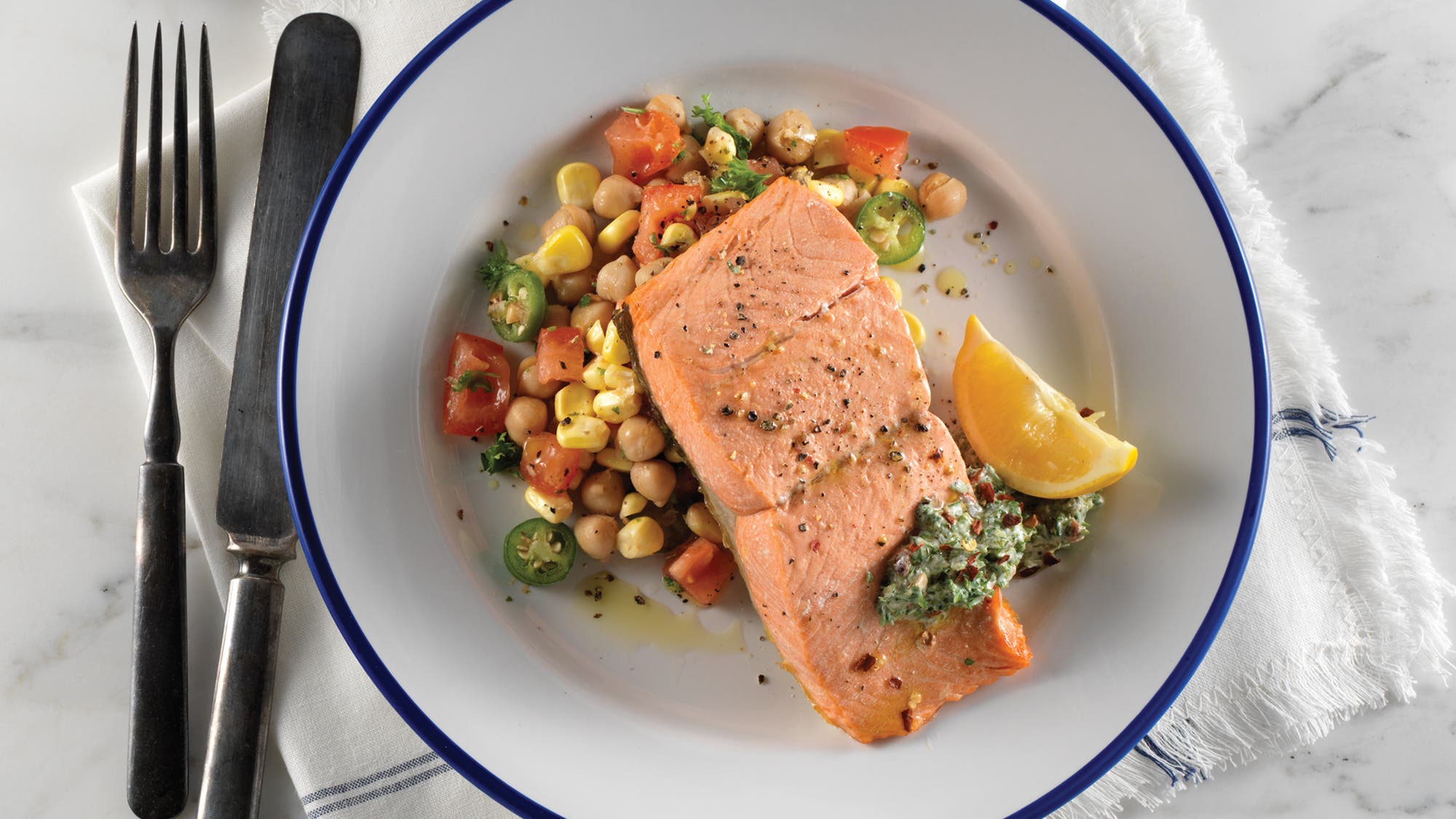 Olive Oil Poached Salmon With Yogurt Chimichurri and Tomato Corn Salad Olive Oil Poached Salmon recipe