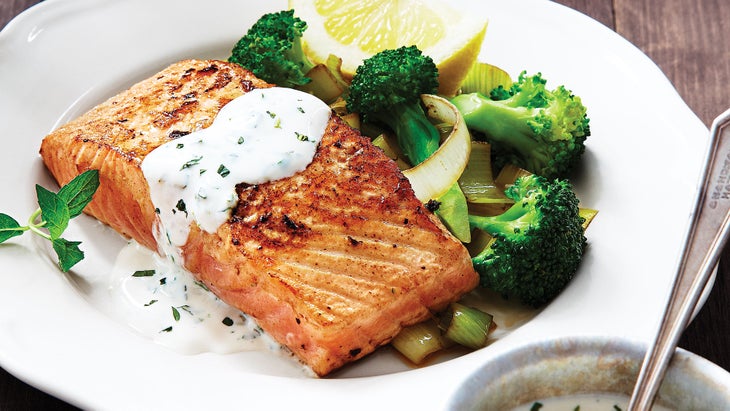 Salmon-and-Broccoli-with-Tangy-Lemon-Herb-Sauce Salmon and broccoli dutch oven recipe