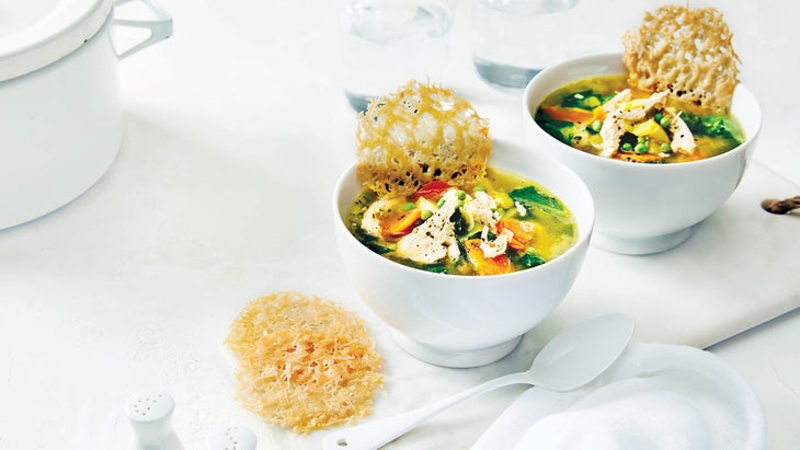 Spring-Vegetable-Soup_91 Spring Vegetable Soup with Shredded Chicken & Parmesan Crisps recipe