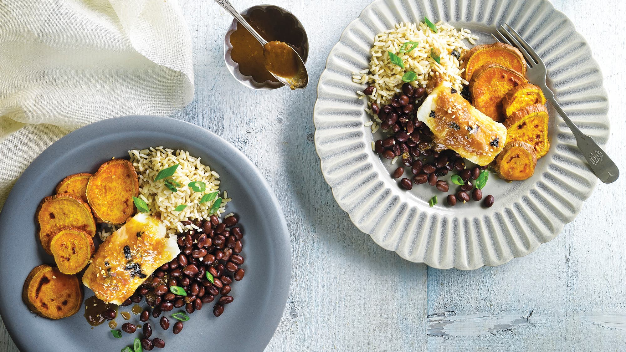 Sweet Miso Cod With Yams Rice and Beans