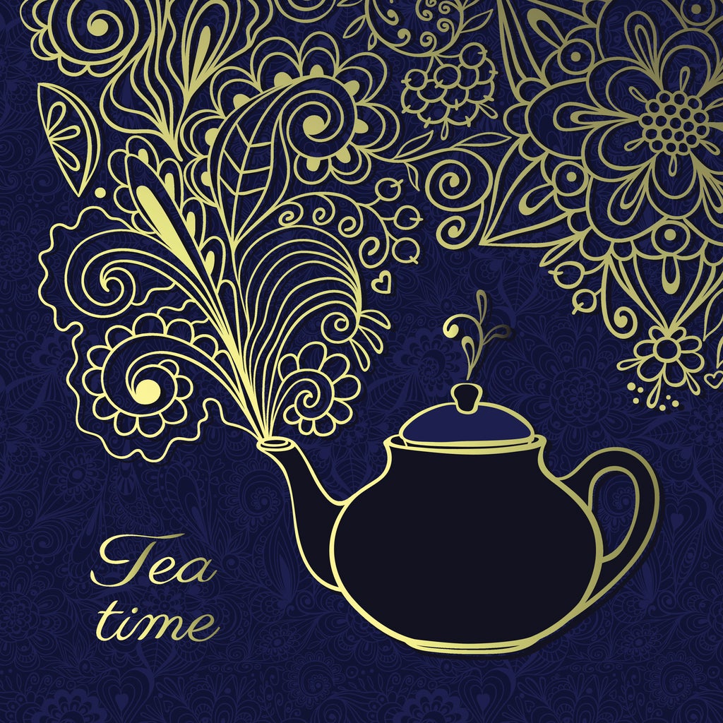 Tea time card. Teapot with golden floral smoke on blue lacy background. Vector illustration.