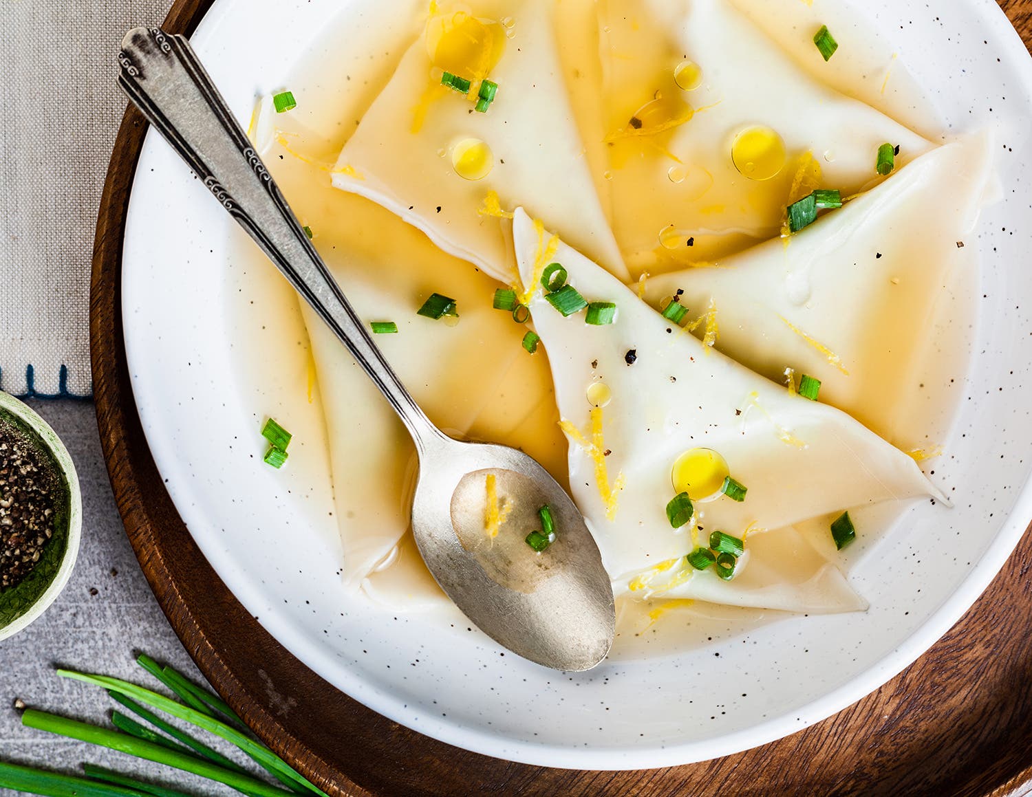 Pea Ravioli in Lemon Broth