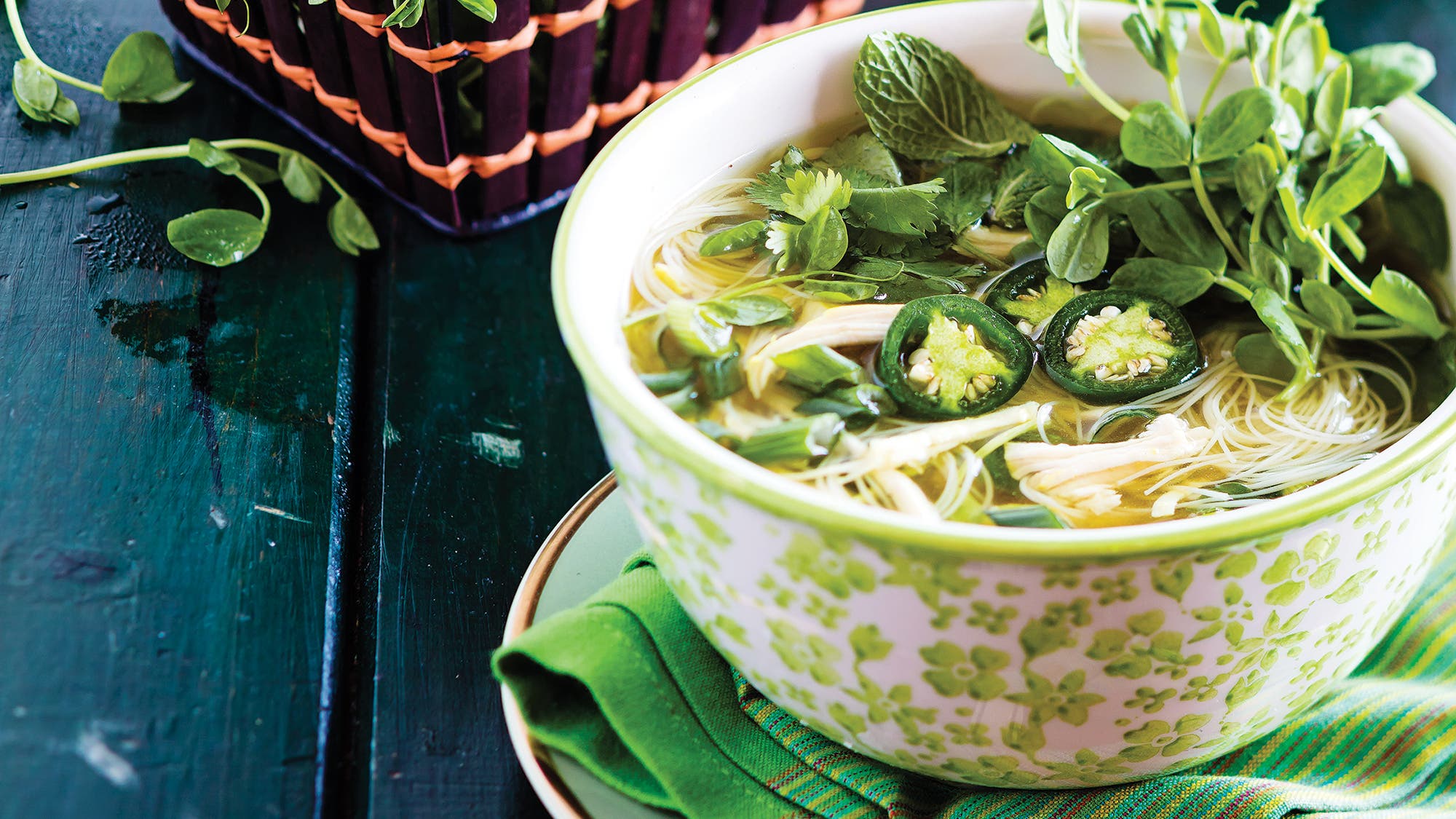 Chicken pho with pea shoots recipe