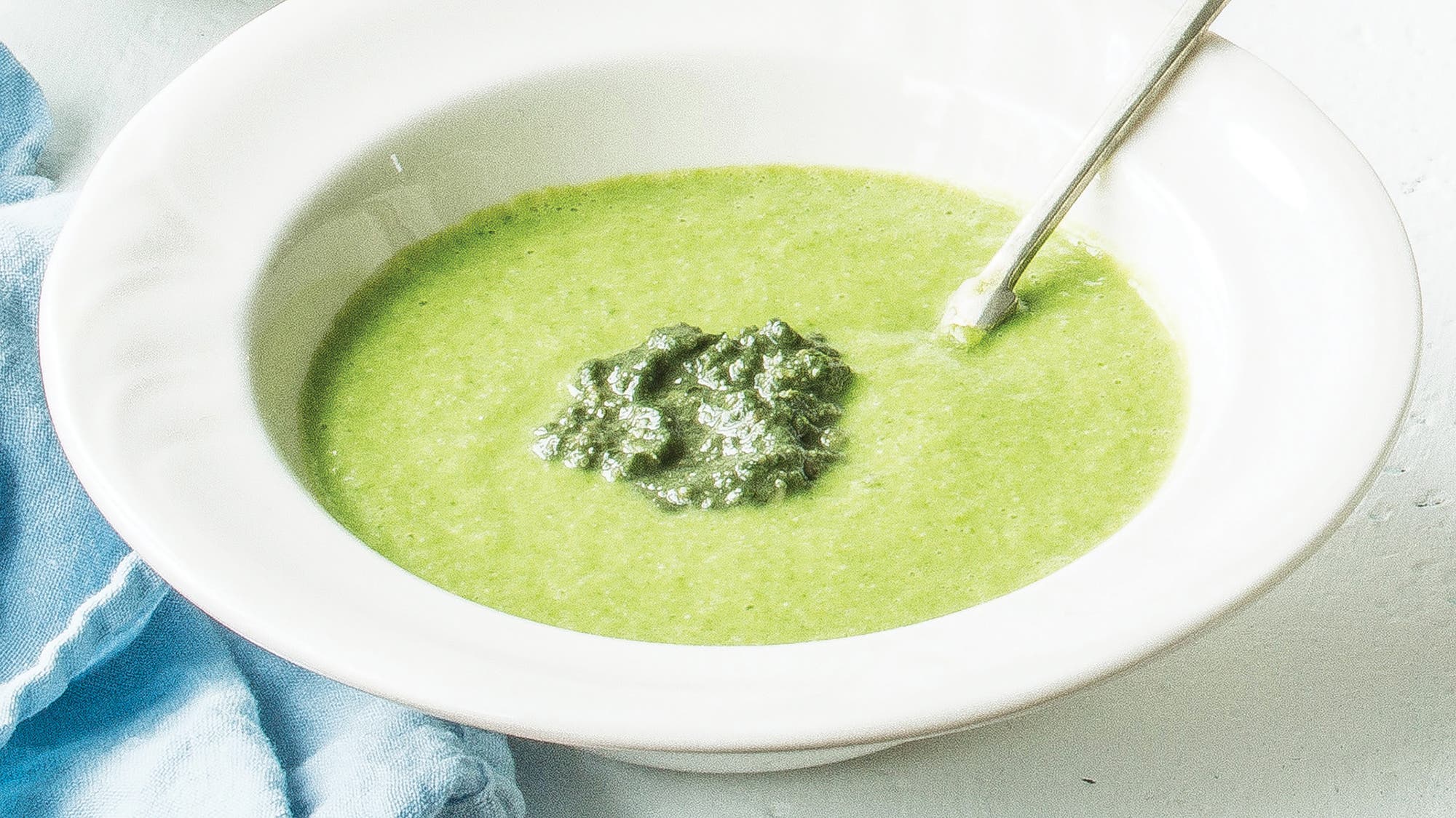 Creamy Pea Soup with Lemony Spirulina Pesto