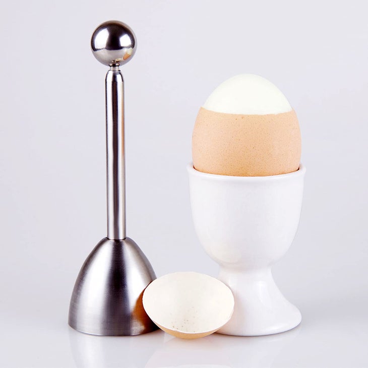 Egg Cracker Topper Set for Soft Hard Boiled Eggs Shell Removal Includes 1  Egg Cutter 4 Ceramic Egg Cups and 4 Spoons