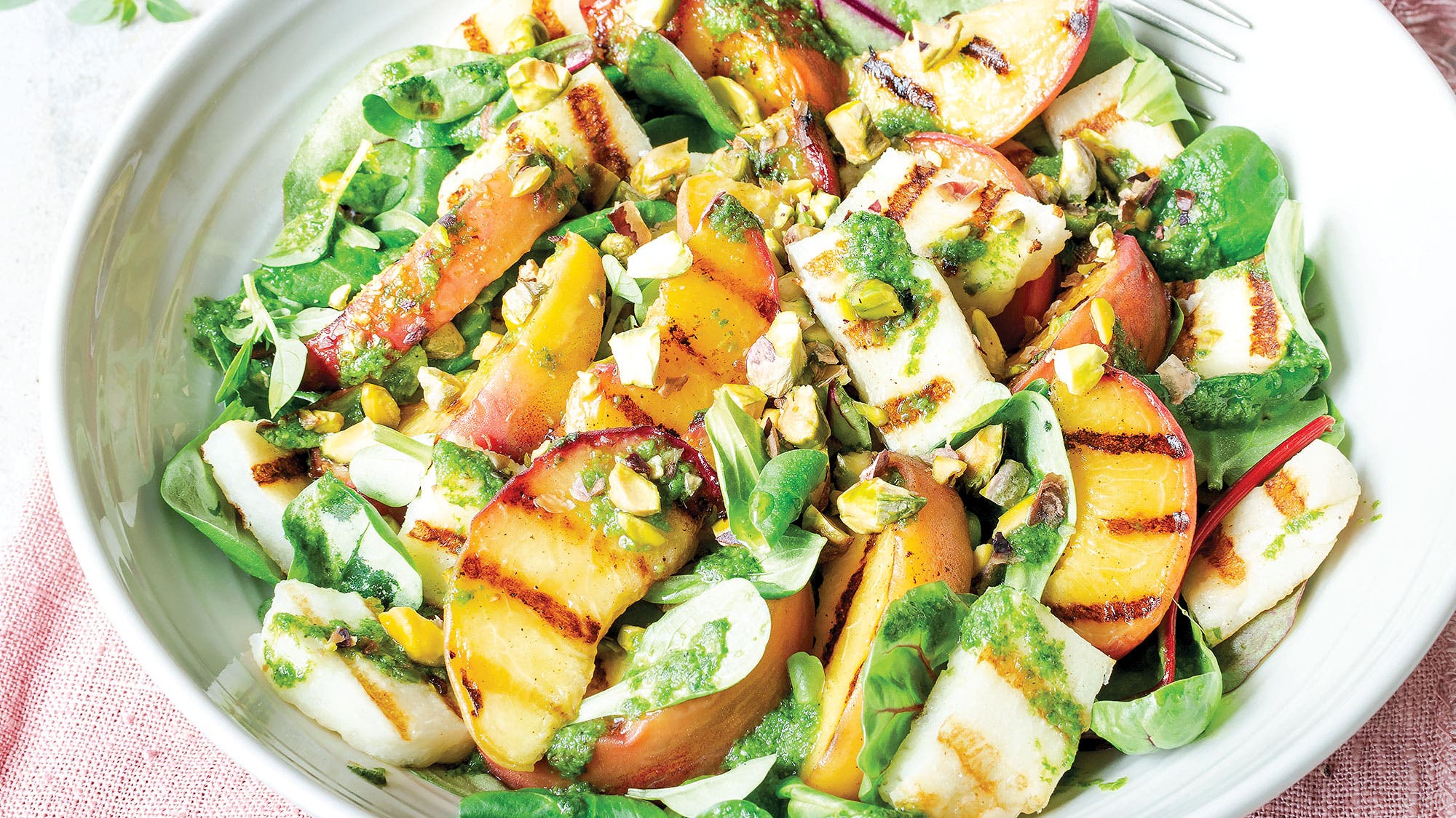 Grilled Peach Halloumi Salad with Basil Balsamic Vinaigrette recipe