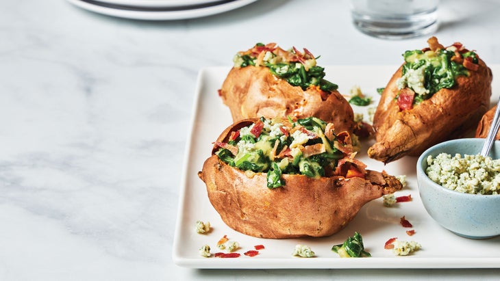 Sweet-Potatoes_94-web Creamed Spinach-Stuffed Sweet Potatoes with Bacon recipe