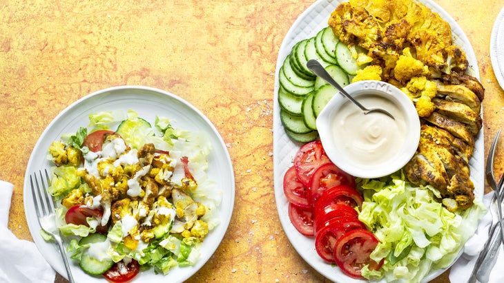 Cauliflower-&-Chicken-Plate_94-web-new Chicken Donair Plate and Cauliflower Fish Cakes with Coconut Chutney recipes