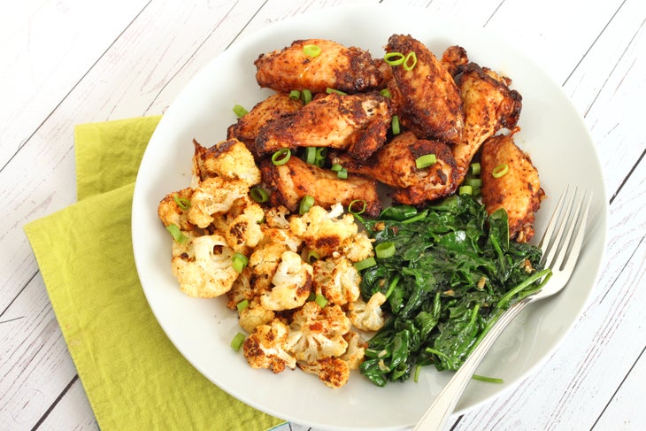 CE MP app January Chicken Wings with Roasted Cauliflower and Garlic Spinach None