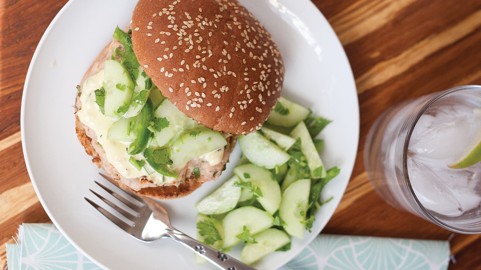 Chipotle Chicken Burgers with Ginger Lime Aioli and Cucumber Salad Recipe
