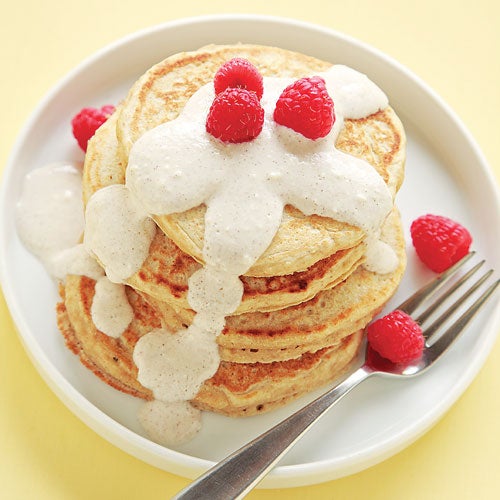 Fall Meal Plan Delicious clean pancakes with light cream sauce and raspberries