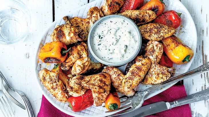 Grilled-Chicken-Wings-with-Mixed-Bell-Peppers-&-Blue-Cheese-Dip_87-WEB Grilled Chicken Wings with Mixed Bell Peppers & Blue Cheese Dip recipe