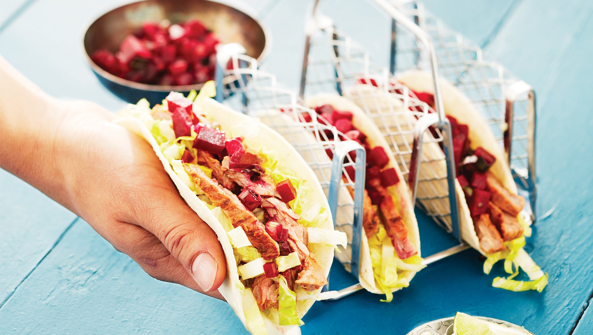 Herbed Skirt Steak Tacos with Beet and Fresno Chile Salsa recipe