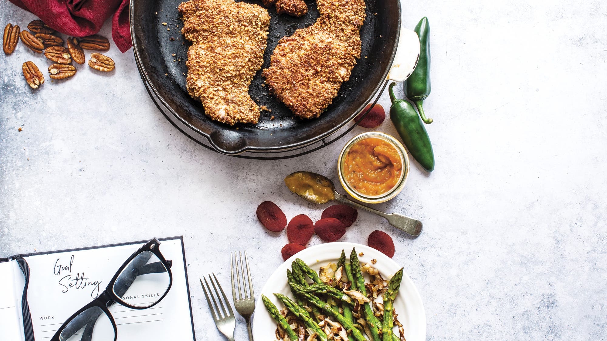 Pecan-Crusted Chicken with Sautéed Asparagus & Mushrooms recipe