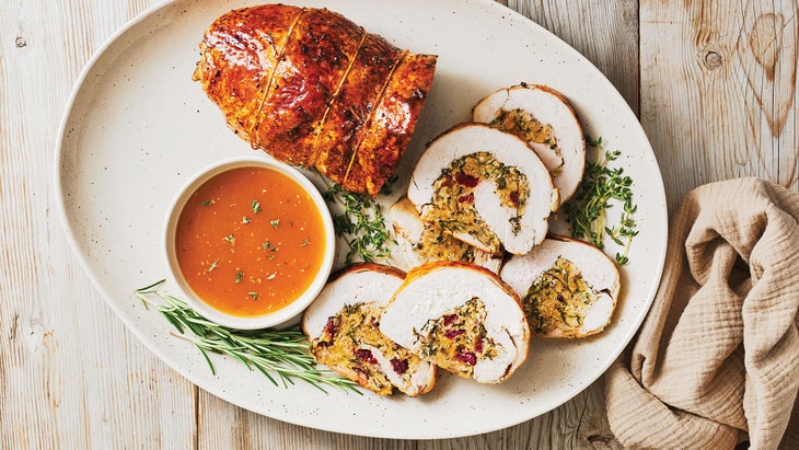 Pomegranate-Glazed Turkey Roulade with Wild Rice Stuffing & Gravy recipe