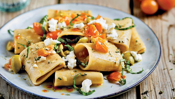 Whole-Wheat Pasta With Olives, Roasted Cherry Tomatoes & Ricotta from Rachel Morris' book Plant-Based for Tired People