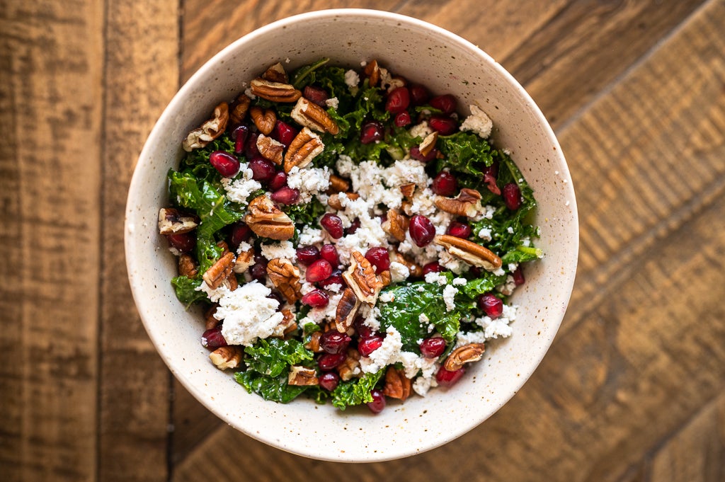 The Hangry Woman's Massaged Kale Salad with Goat Cheese & Pomegranates
