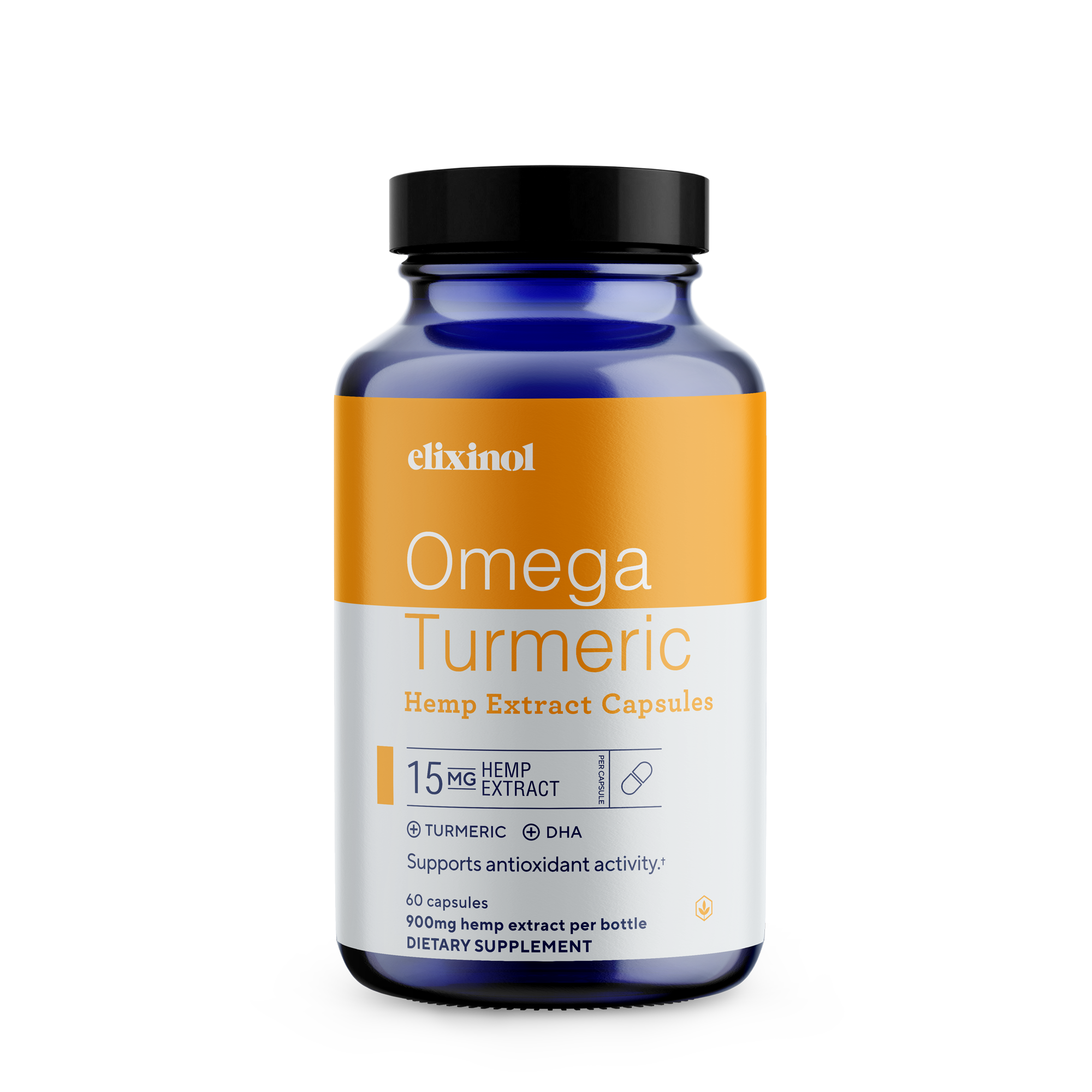 Elixinol omega turmeric bd capsules 900mg bottle front HEMP