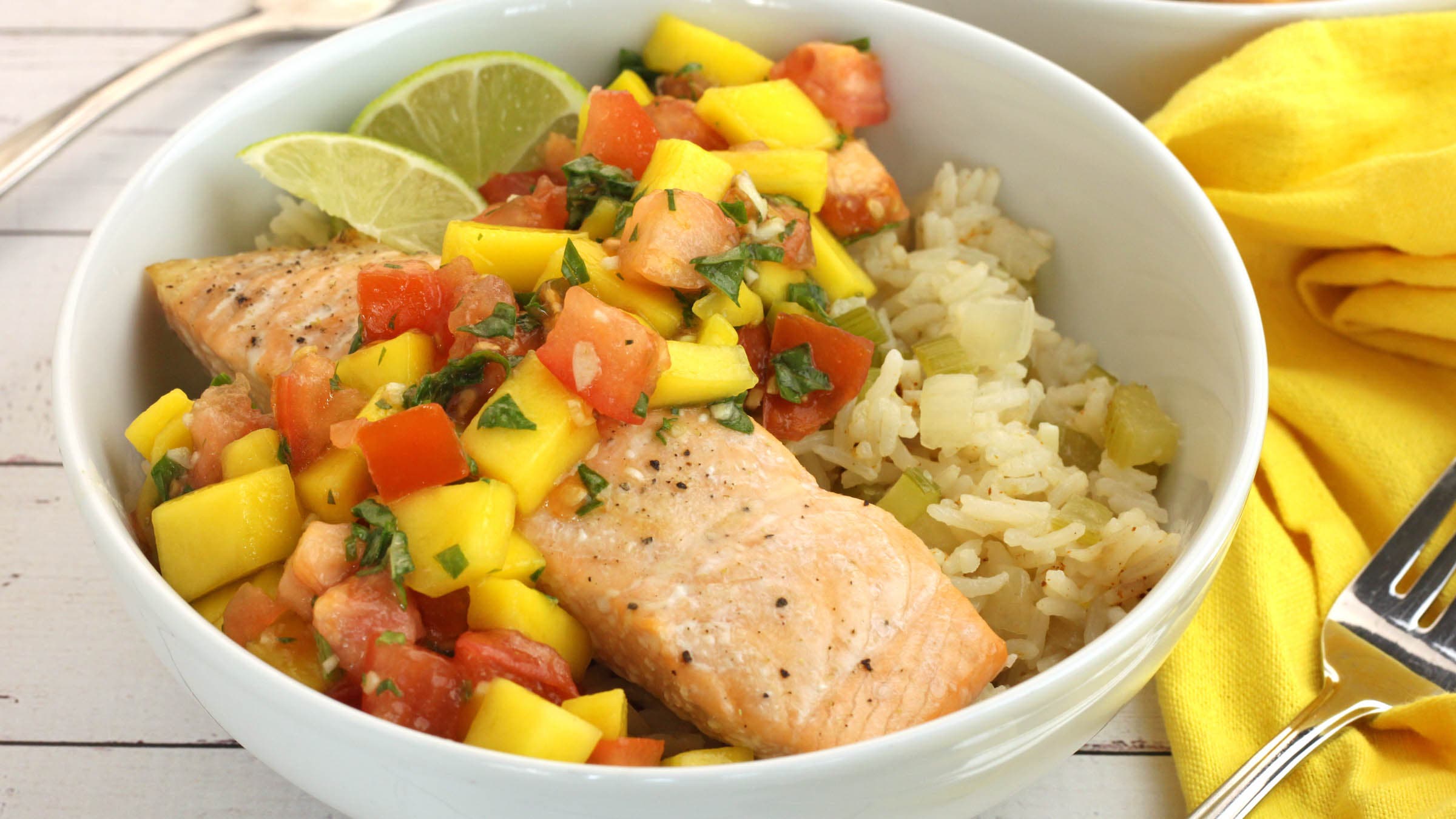 Mango basil salmon in a bowl
