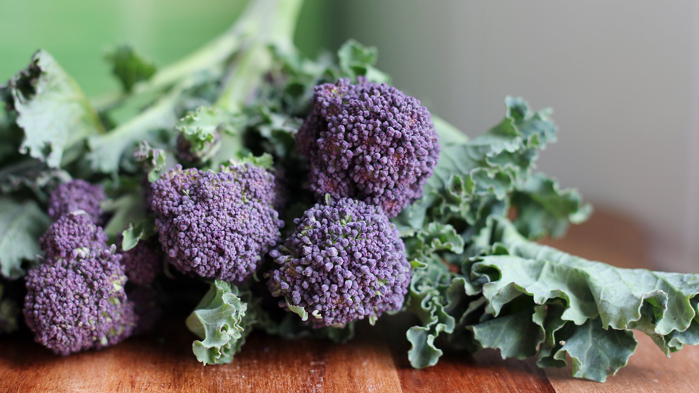 A bunch of leafy purple broccoli on a table
